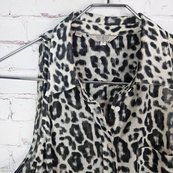 GUESS Leopard Animal Print Black White Sleeveless Semi-Sheer Career Dress Top Sm - Picture 2 of 7